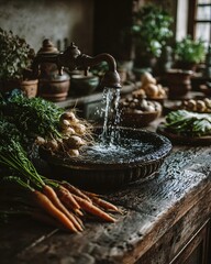 Washing Fresh Organic Vegetables in Rustic Kitchen
