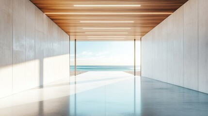 modernist interior passageway with floating wooden ceiling panels, polished cement floors reflecting sunlight, expansive glass wall revealing coastal landscape, clean white wall surfaces, atmospheric