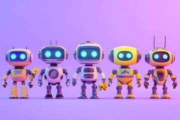 Fototapeta premium Five cute and friendly robots of different colors standing together with glowing eyes in a bright studio