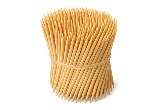 Wooden toothpicks tightly bundled with rubber band, clustered together against translucent backdrop