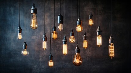 industrial style hanging light cluster, exposed vintage filament bulbs, varied cord lengths, weathered metal sockets, amber glass elements, moody atmospheric lighting, dark studio environment, high