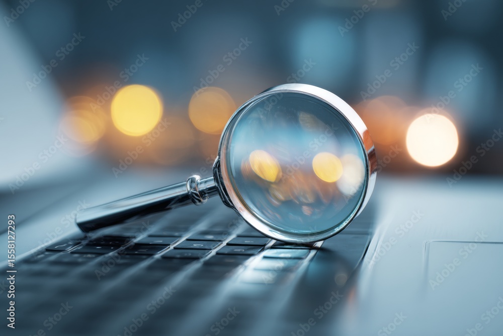 Poster magnifying glass resting on laptop keyboard with blurred bokeh lights in the background, symbolizing