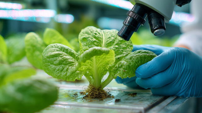 Microscope examining hydroponic lettuce plant - Powered by Adobe