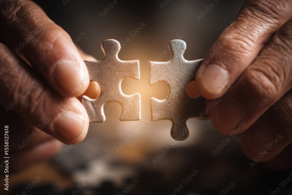 Poster two hands connecting silver puzzle pieces symbolizing teamwork, collaboration, problem solving, and 
