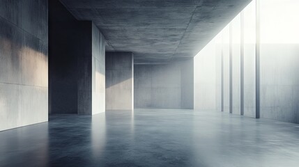 contemporary concrete interior, seamless gray surfaces extending to infinity, ethereal light distribution, minimal industrial aesthetic, architectural visualization, foggy atmosphere, ultra high
