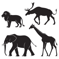 Fototapeta premium Silhouette illustration featuring a lion, moose, elephant, and giraffe in a composed arrangement drawing