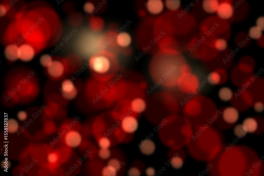 Poster flat-design abstract bokeh pattern is floating on black backdrop with glowing red and orange orbs