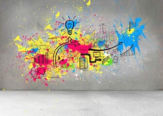 Colorful splashes on grey wall with graphics