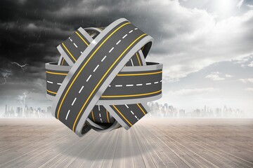 Floating 3D interlaced highway knot hovering above wooden deck, showing storm clouds and sunlight
