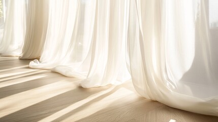 Flowing white curtains touching light wood flooring, soft morning light filtering through translucent fabric, minimalist interior styling, gentle fabric folds creating visual rhythm, calm neutral