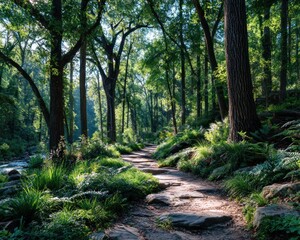 Fototapeta premium Sunlight path through a lush forest