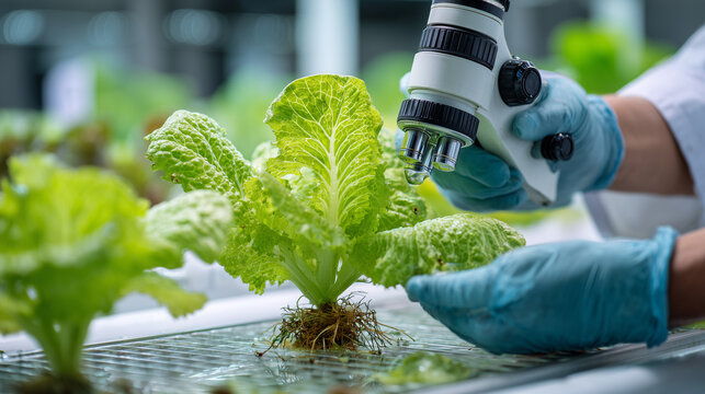 Scientist examining hydroponic lettuce plant