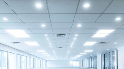 Modern office ceiling with white acoustic drop tile panels arranged in perfect grid pattern, bright recessed LED panel lights creating even illumination, minimalist commercial interior design,