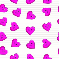 Image of pink smiling hearts on white ruled paper background