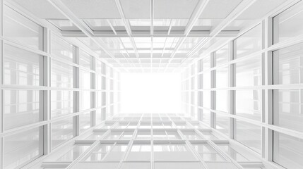 Clean white suspended ceiling grid system viewed from below, evenly spaced fluorescent light panels creating bright workspace illumination, institutional architectural detail perspective, modern
