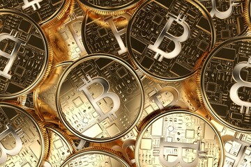 Overlapping gold-hued Bitcoin coins are shining in flat design render, featuring circuit patterns