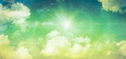 Showing bright sun disk in flat design featuring green-blue gradient sky with clouds, brushstrokes
