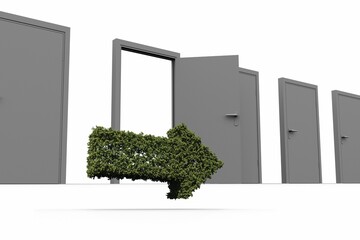 Arrow pointing right against row of doors