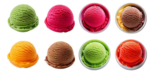 Colorful Scoops of Ice Cream in a Variety of Flavors and Textures, Isolated on Transparent, white background