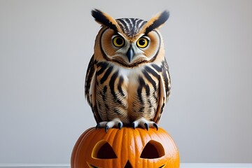 Photo-Realistic Owl on Halloween Jack-o'-Lantern with White Background