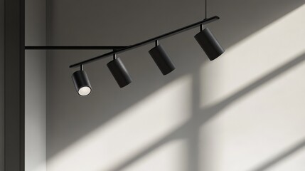 Geometric hanging track light system, articulated arm with smooth rotation points, slim black metal construction with brushed finish, suspended mounting detail visible, crisp shadow patterns on light