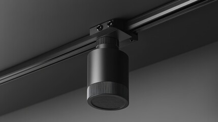 Close-up of black metal pendant spotlight with machined adjustment knobs, cylindrical head mounted on swivel bracket, ceiling mounting plate with clean cable management, technical product detail shot