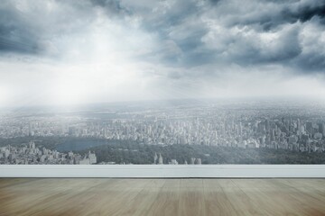 Flat design is showing light-wood floor and white wall via glass window revealing skyline and park