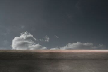 Flat design concrete floor and horizontal ledge are forming rooftop terrace scene under cloudy sky