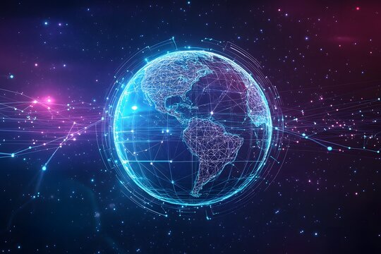 Futuristic digital globe representing global connectivity and data networks within a cosmos of connected lines and nodes - Powered by Adobe
