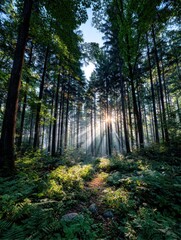 Obraz premium Sunlight streams through a misty forest (2)