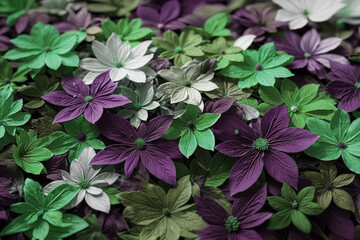 Colorful overlapping flower petals in green, white, and purple tones, designed as a natural floral texture with intricate details and symmetrical composition.