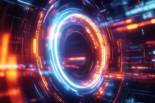 Futuristic digital interface representing data flow with glowing neon lights and abstract technology design.