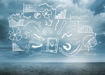 White hand-drawn charts arrows tablet icon with lightbulb floating over calm sea under overcast sky