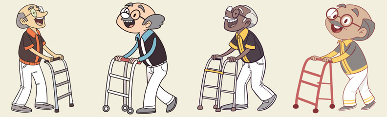 A old men walking, Cheerful senior characters using walkers vector.