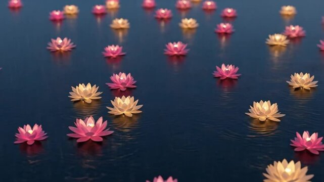 Pink and cream lotus flowers floating on a dark blue body of water in a serene and calm setting