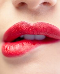 Obraz premium Close up of woman biting red lips
