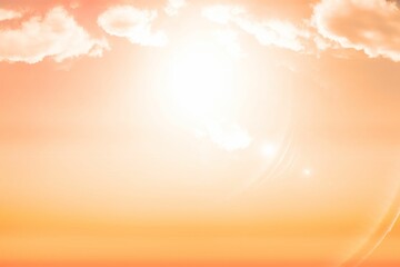 Bright sun disk is glowing in flat design illustration, with halos, clouds, and lens flares