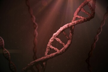 3D render showing rugged DNA helices in dark void with red light, drifting particles, copy space