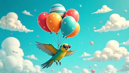 Fototapeta premium A vibrant parrot with sunglasses holding several colorful helium balloons in its beak floats mid-air with a joyful, free-spirited pose against a vivid blue sky filled with cartoon clouds.