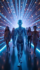 A holographic AI guide leads a group of blindfolded humans through a glowing tunnel of data streams, symbolizing trust in artificial guidance during a technological paradigm shift.