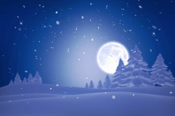 Full moon glowing behind snowy pines in flat winter scene, drifting snowflakes over sloping hills