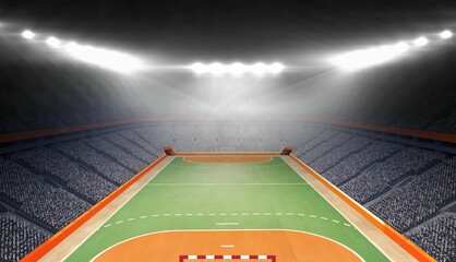 Empty arena is being shown in flat design with green court, orange zones, seating, floodlights