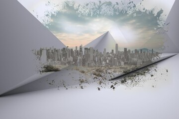 Flat design panels are forming triangular tear revealing pyramid skyline with desert plants