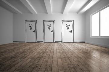Illustrating flat design showing three sketched doors with bulb icons on wooden floor near window