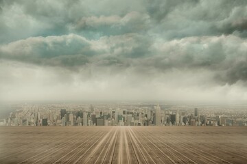 Flat design showing wooden deck leading toward distant skyscrapers under layered clouds