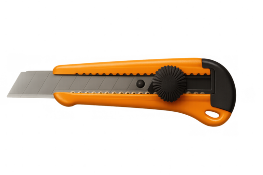 Orange utility knife blade extended, sharp cutting tool isolated on transparent surface, prepared for precise work - Powered by Adobe
