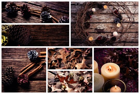 Fototapeta Flat design collage is showcasing wreath with candles and pinecones on rustic tabletop