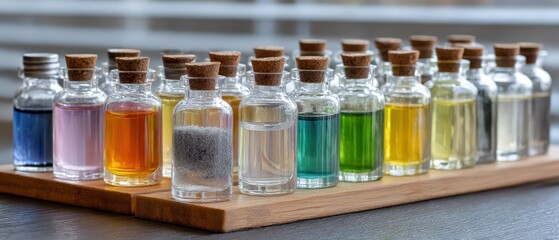 Small glass bottles with colored liquids on a wooden tray