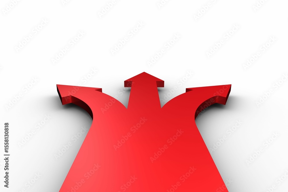 Poster 3d render is showing three-headed red arrow on plain white background with glossy finish
