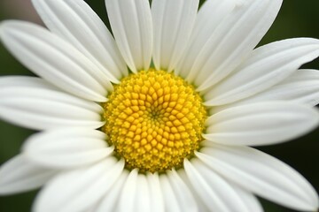 A close-up photograph of a blooming daisy center, with tiny yellow florets and white petals